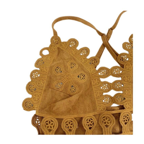 HONEY Punch Vintage Suede Crochet Cut-Out Festival Bralette Criss-Cross Back - Picture 2 of 9